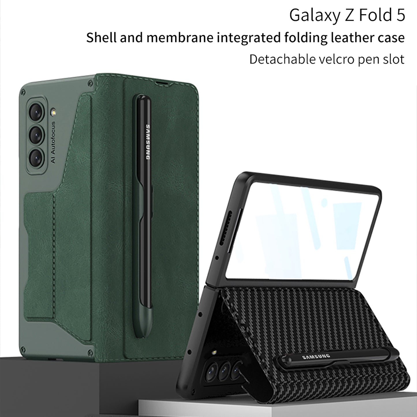 Leather Pen Holder Armor Phone Case With Back Screen Protector For Samsung Galaxy Z Fold5 Fold4 - Mycasety Mycasety
