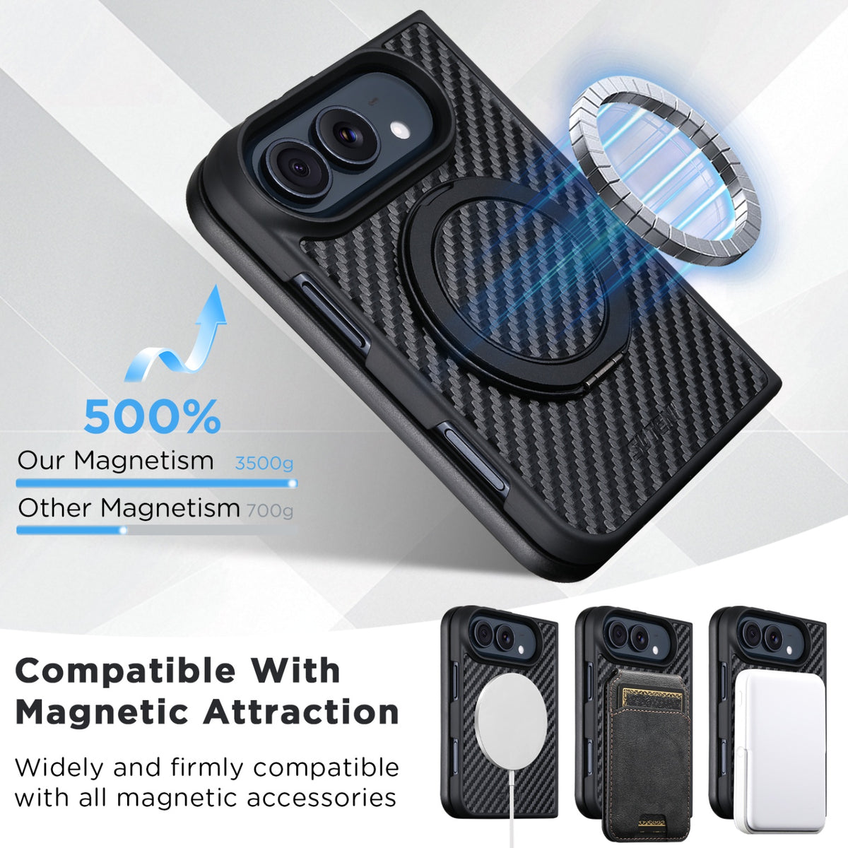 iPhone Duo | Carbon-Pattern Magnetic Leather Case with 360° Ring Stand