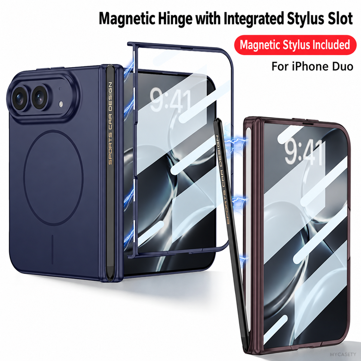 iPhone Duo - Magnetic Hinge Protection Cover Built-in Tempered Glass Film & Magnetic Stylus