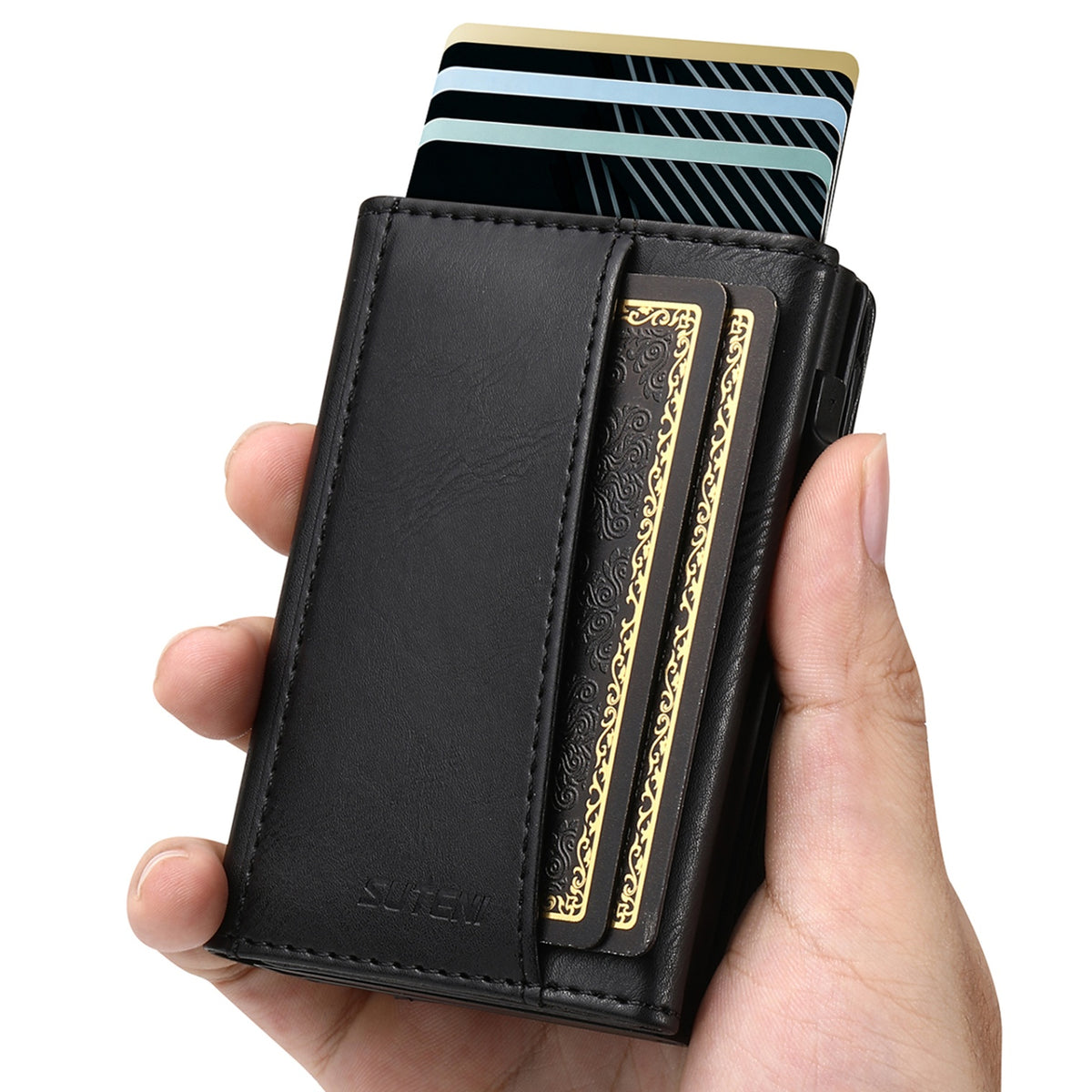 Faux Leather Pop-Up Card Wallet with RFID Blocking & Cash Pocket & Push-Button Pop-Up