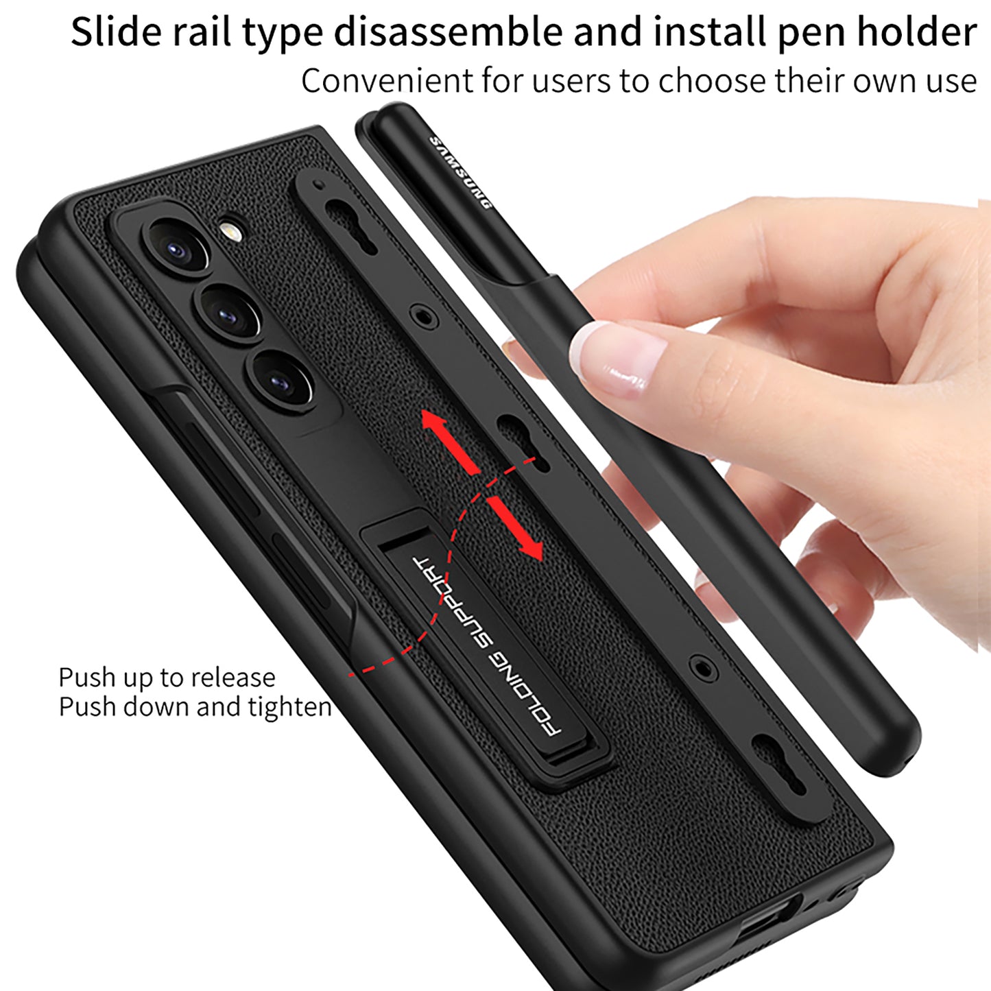 Leather Protective Invisible Bracket S Pen Slot Phone Case With Back Screen Protector For Galaxy Z Fold 5/4/3 5G