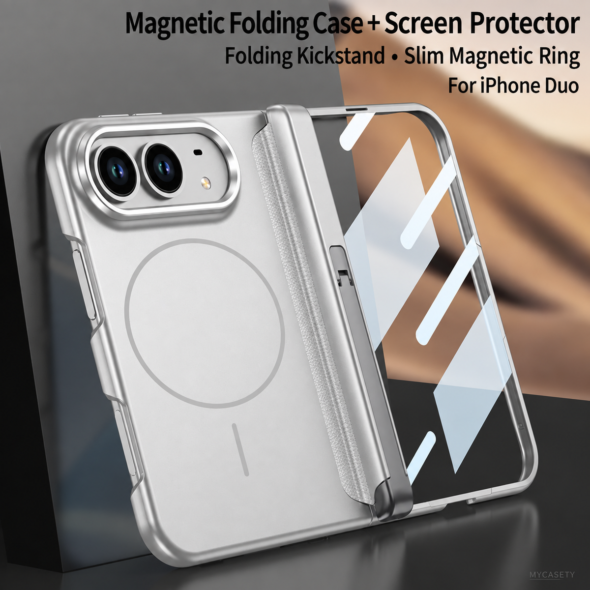iPhone Duo - Magnetic Hinge Protection Business Cover Built-in Tempered Glass Film & Tri‑Fold Kickstand & Magnetic Ring