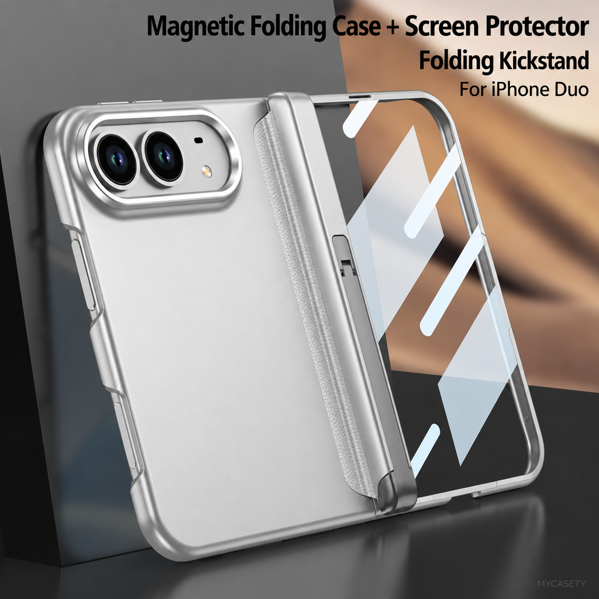iPhone Duo - Magnetic Hinge Protection Business Cover Built-in Tempered Glass Film & Tri‑Fold Side Kickstand