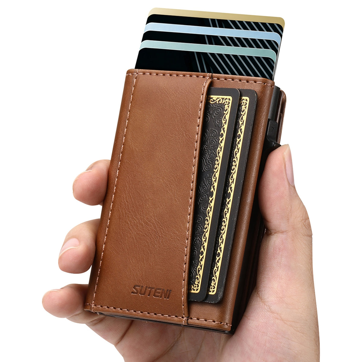 Faux Leather Pop-Up Card Wallet with RFID Blocking & Cash Pocket & Push-Button Pop-Up
