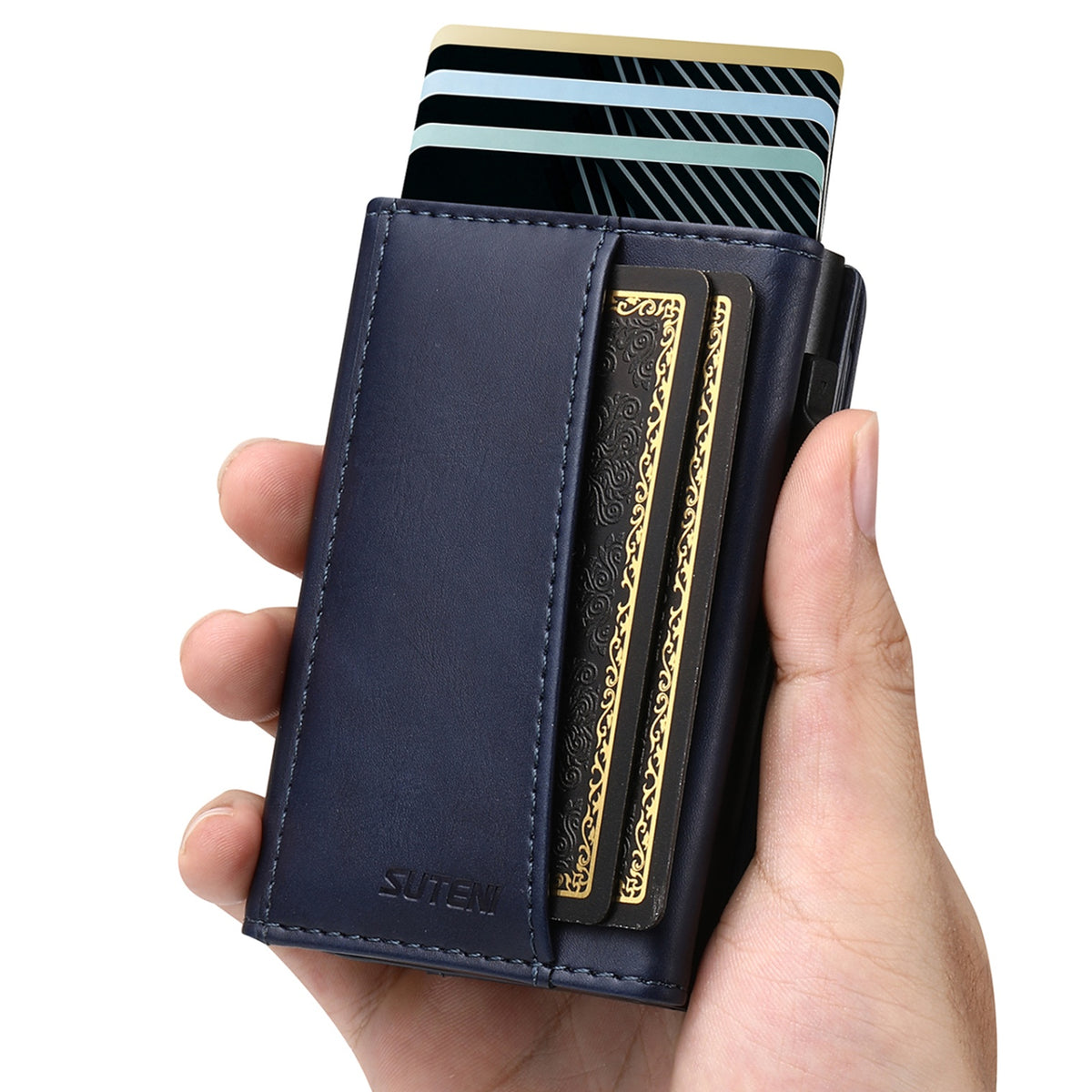 Faux Leather Pop-Up Card Wallet with RFID Blocking & Cash Pocket & Push-Button Pop-Up