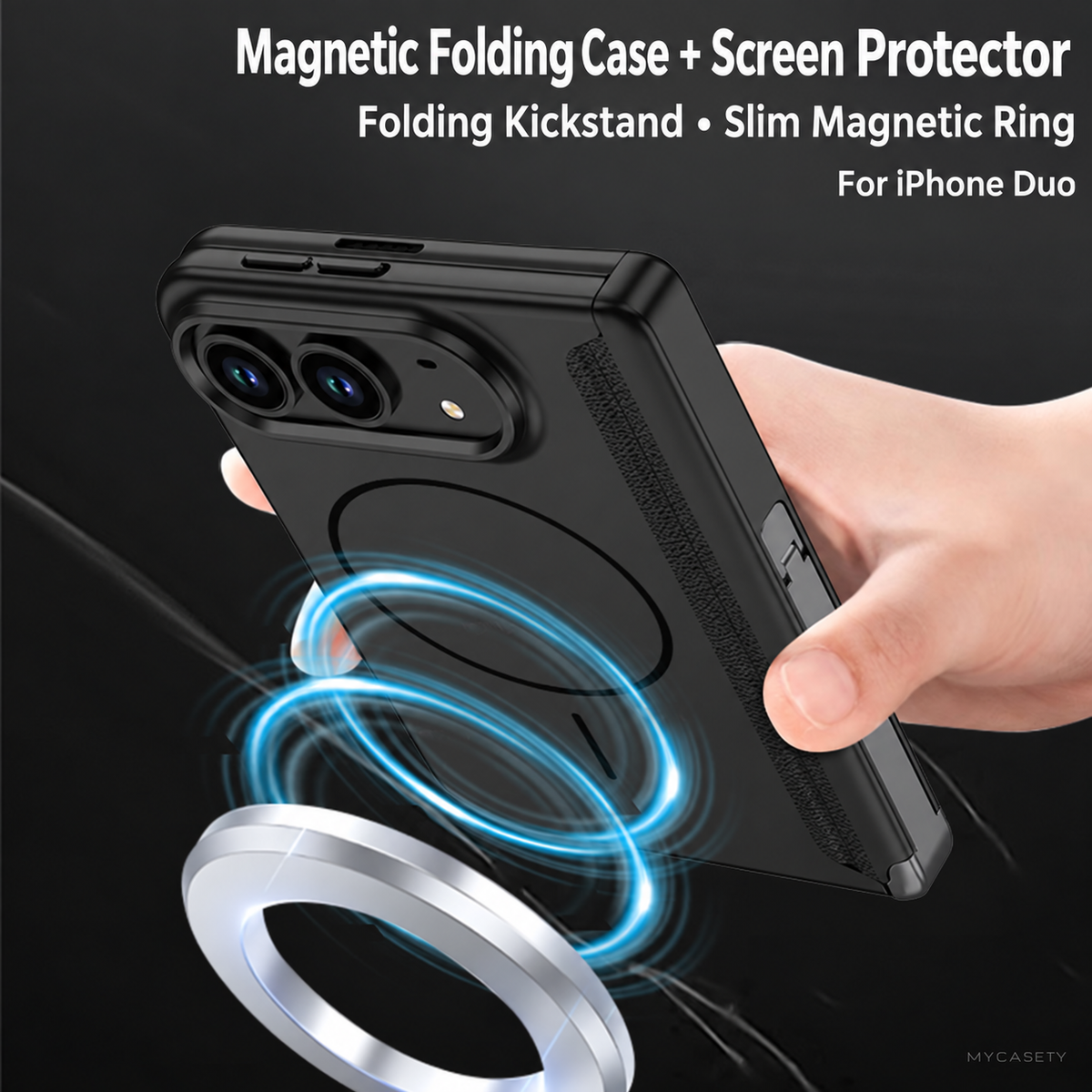 iPhone Duo - Magnetic Hinge Protection Business Cover Built-in Tempered Glass Film & Tri‑Fold Kickstand & Magnetic Ring