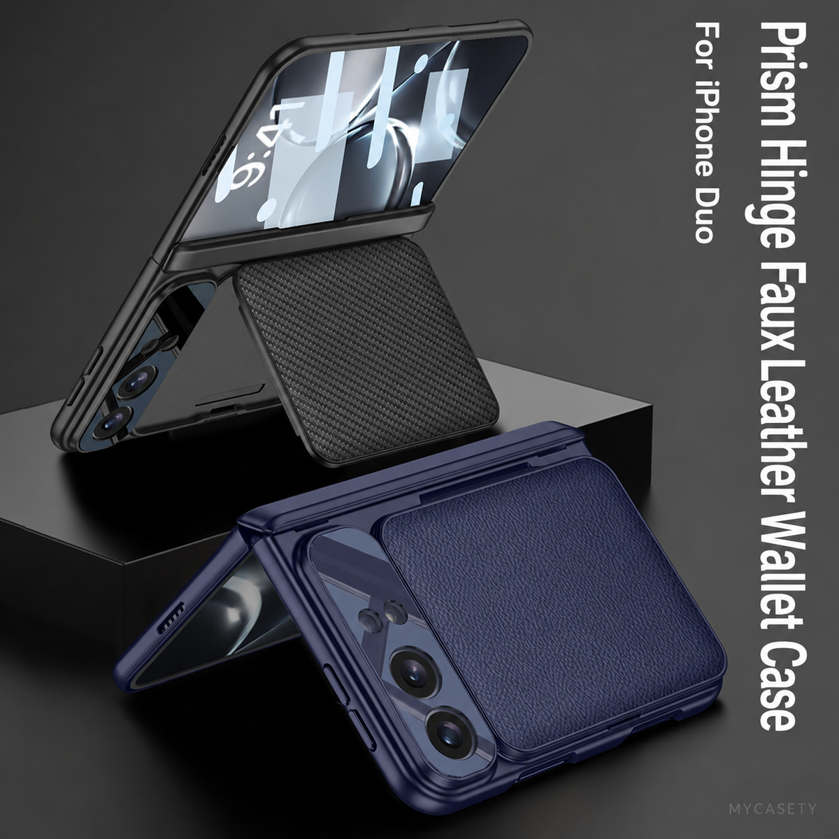 iPhone Duo - Magnetic Hinge Protection Cover Built-in Tempered Glass Film & Leather Card Holder