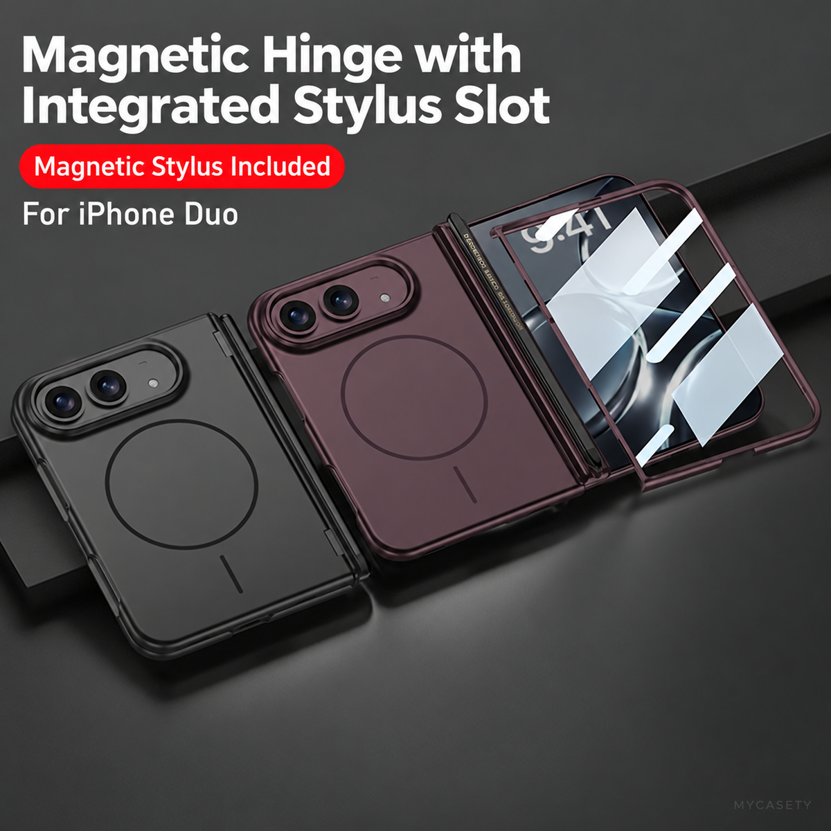 iPhone Duo - Magnetic Hinge Protection Cover Built-in Tempered Glass Film & Magnetic Stylus