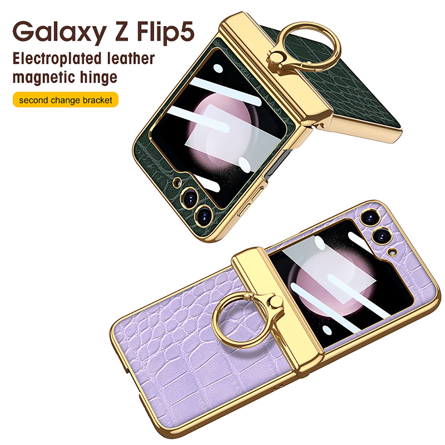 Electroplated Leather Magnetic Hinge Ring Holder Case For Samsung Galaxy Z Flip5 Flip4 Flip3 With Front Protection Film - Mycasety Mycasety