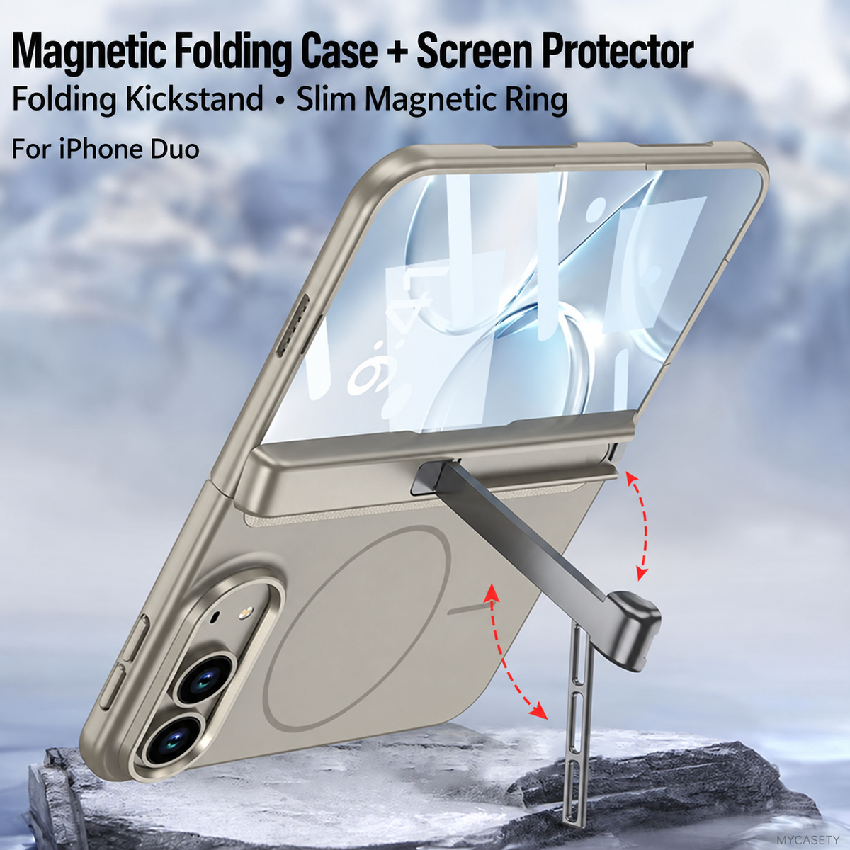 iPhone Duo - Magnetic Hinge Protection Business Cover Built-in Tempered Glass Film & Tri‑Fold Kickstand & Magnetic Ring
