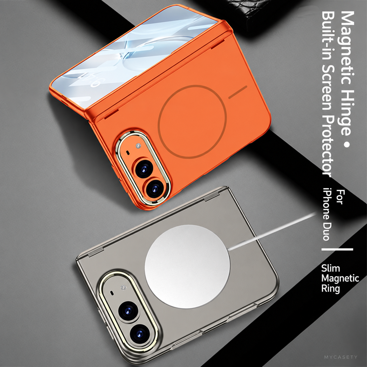 iPhone Duo - Magnetic Hinge Protection Fashion Cover Built-in Tempered Glass Film & Magnetic Ring