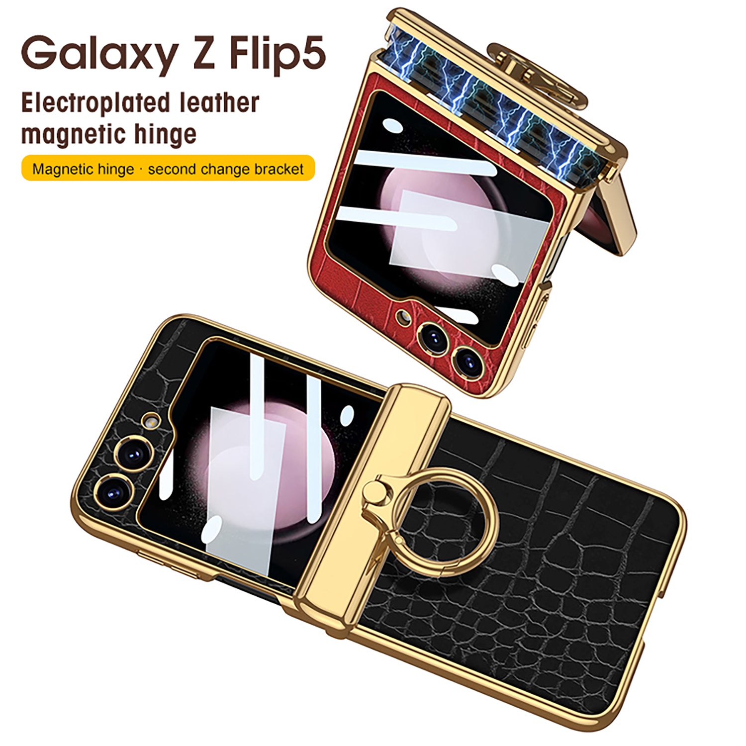 Electroplated Leather Magnetic Hinge Ring Holder Case For Samsung Galaxy Z Flip5 Flip4 Flip3 With Front Protection Film - Mycasety Mycasety