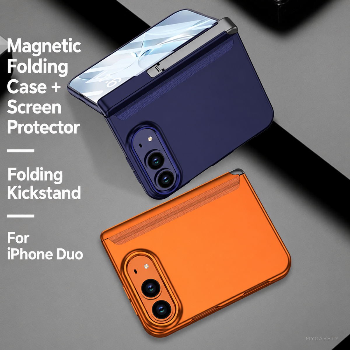 iPhone Duo - Magnetic Hinge Protection Business Cover Built-in Tempered Glass Film & Tri‑Fold Side Kickstand