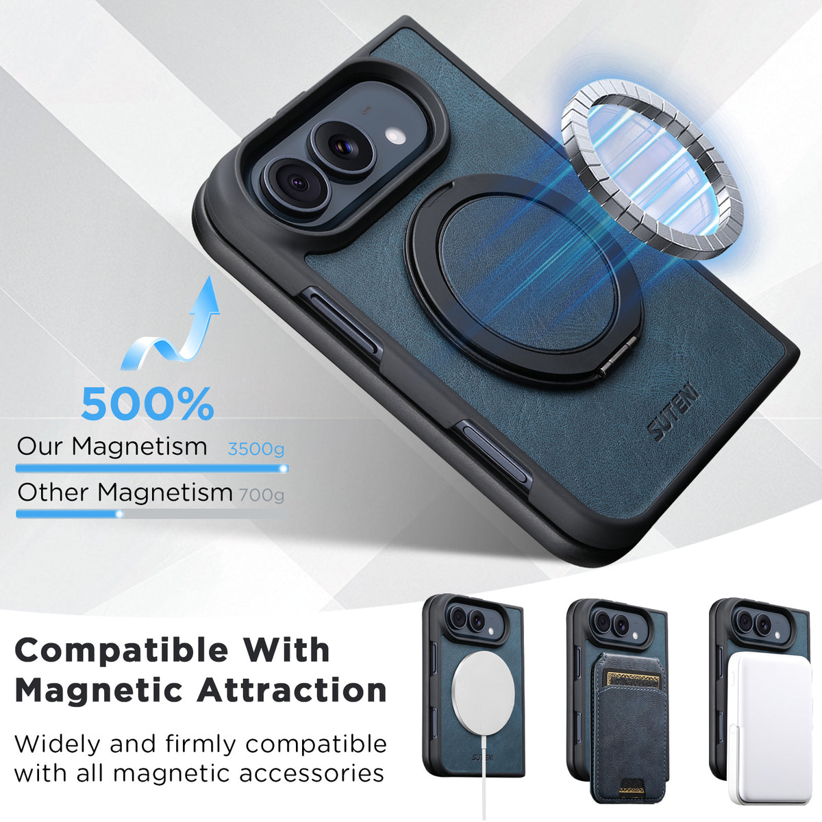 iPhone Duo | Fine-Textured Magnetic Leather Case with Folding Ring Stand