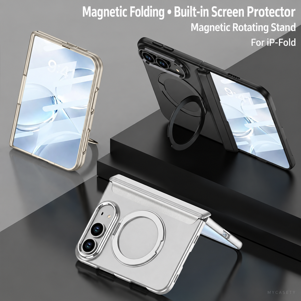 iPhone Duo - Magnetic Hinge Protection Business Cover Built-in Tempered Glass Film & Magnetic Kickstand
