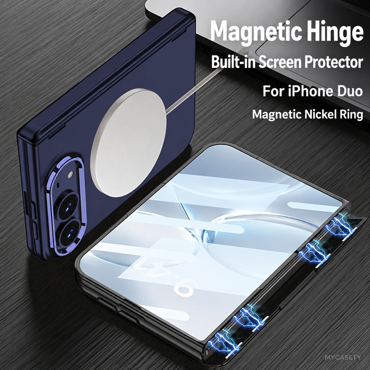 iPhone Duo - Magnetic Hinge Protection Fashion Cover Built-in Tempered Glass Film & Magnetic Ring