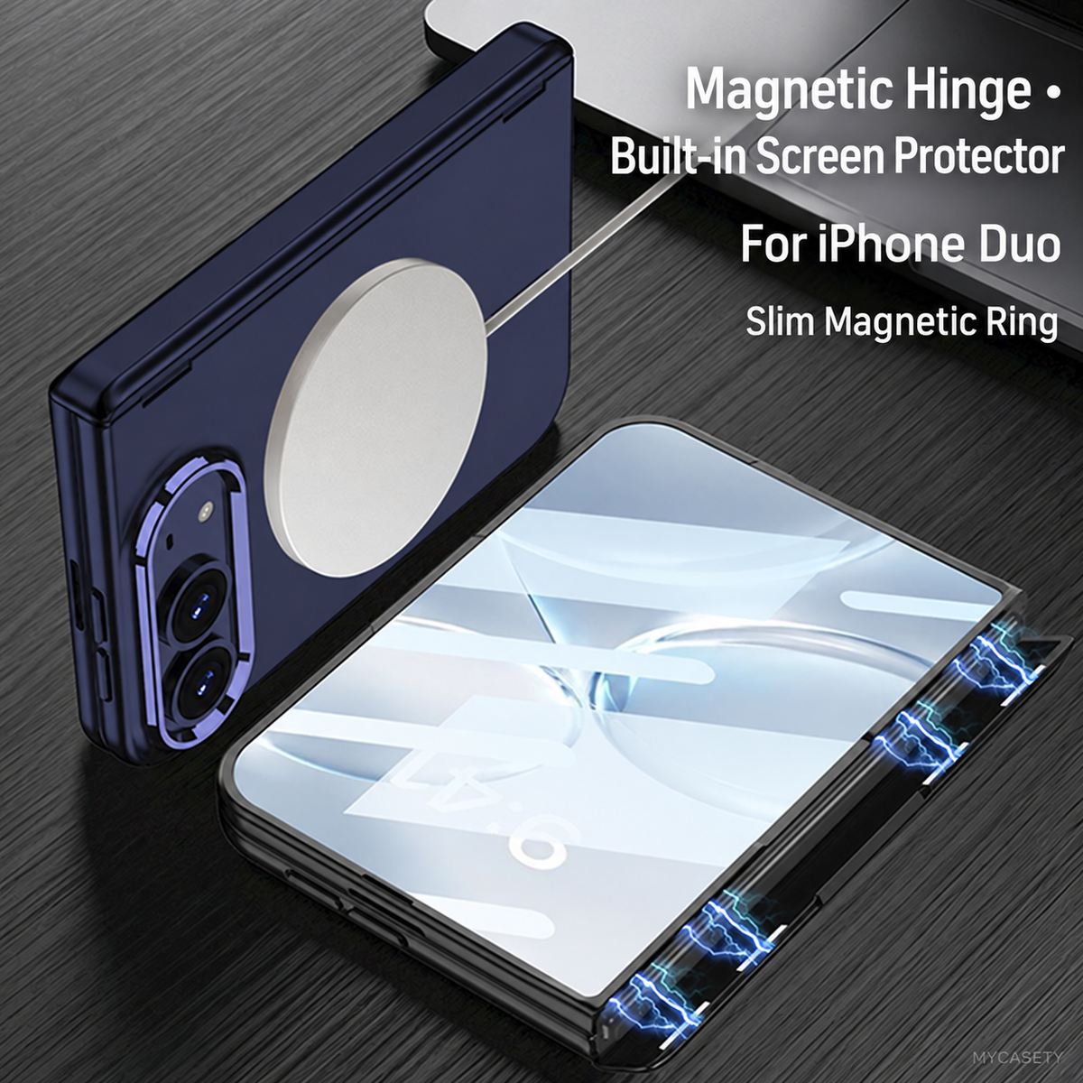 iPhone Duo - Magnetic Hinge Protection Fashion Cover Built-in Tempered Glass Film & Magnetic Ring