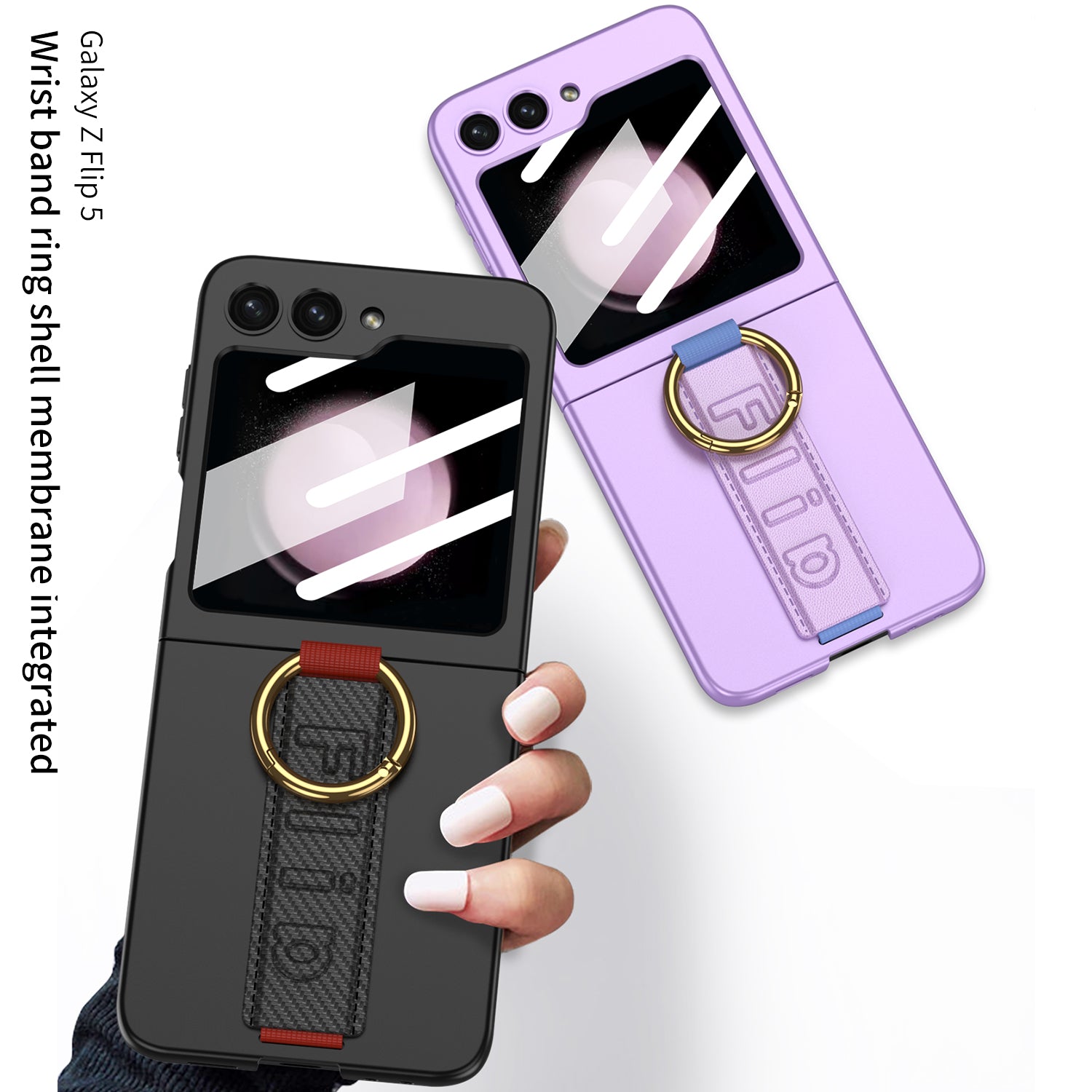 Premium Wristband Ring Holder Phone Case With Back Screen Protector For Samsung Galaxy Z Flip5 Flip4 Flip3 - mycasety2023 Mycasety