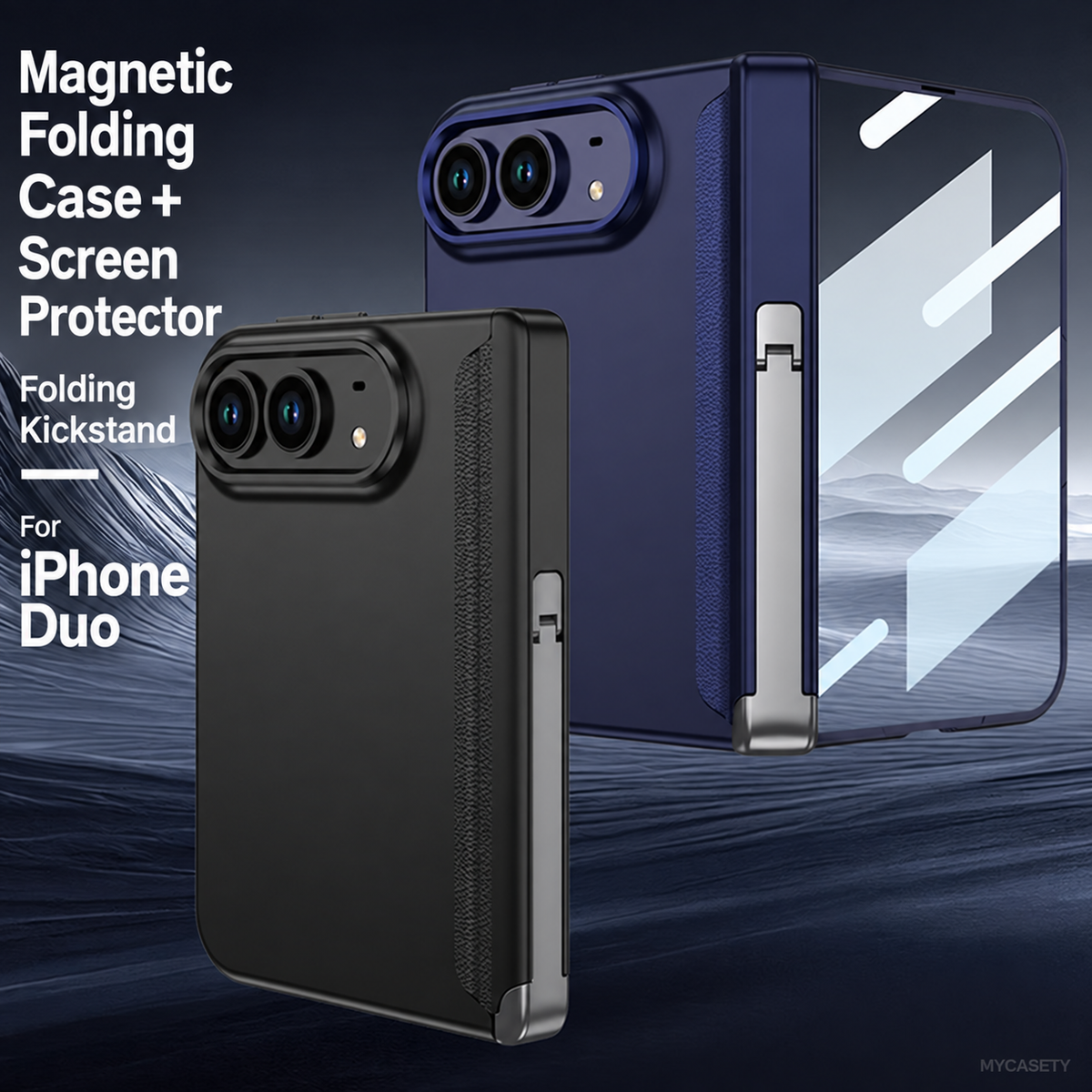 iPhone Duo - Magnetic Hinge Protection Business Cover Built-in Tempered Glass Film & Tri‑Fold Side Kickstand