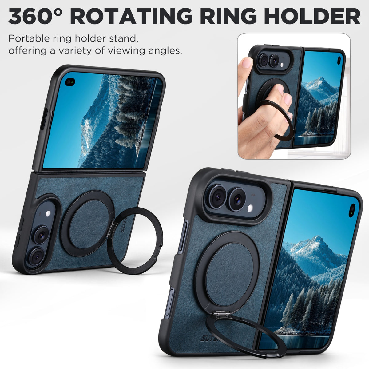iPhone Duo | Fine-Textured Magnetic Leather Case with Folding Ring Stand