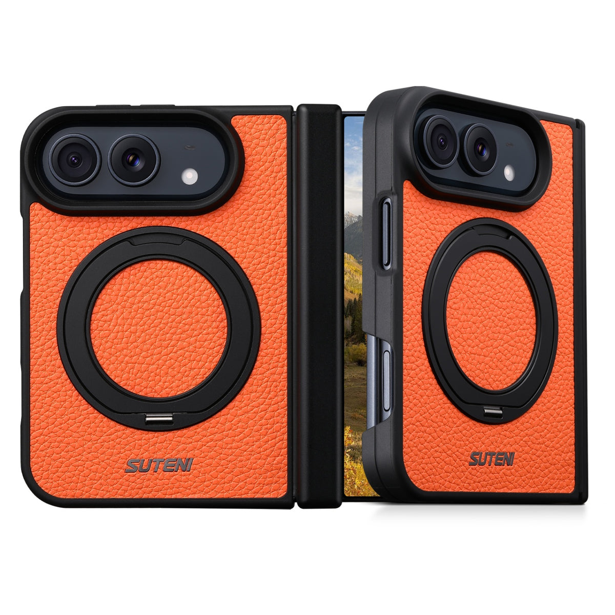 iPhone Duo | Pebbled Magnetic Leather Case with Hinge Protection & 360° Ring Stand