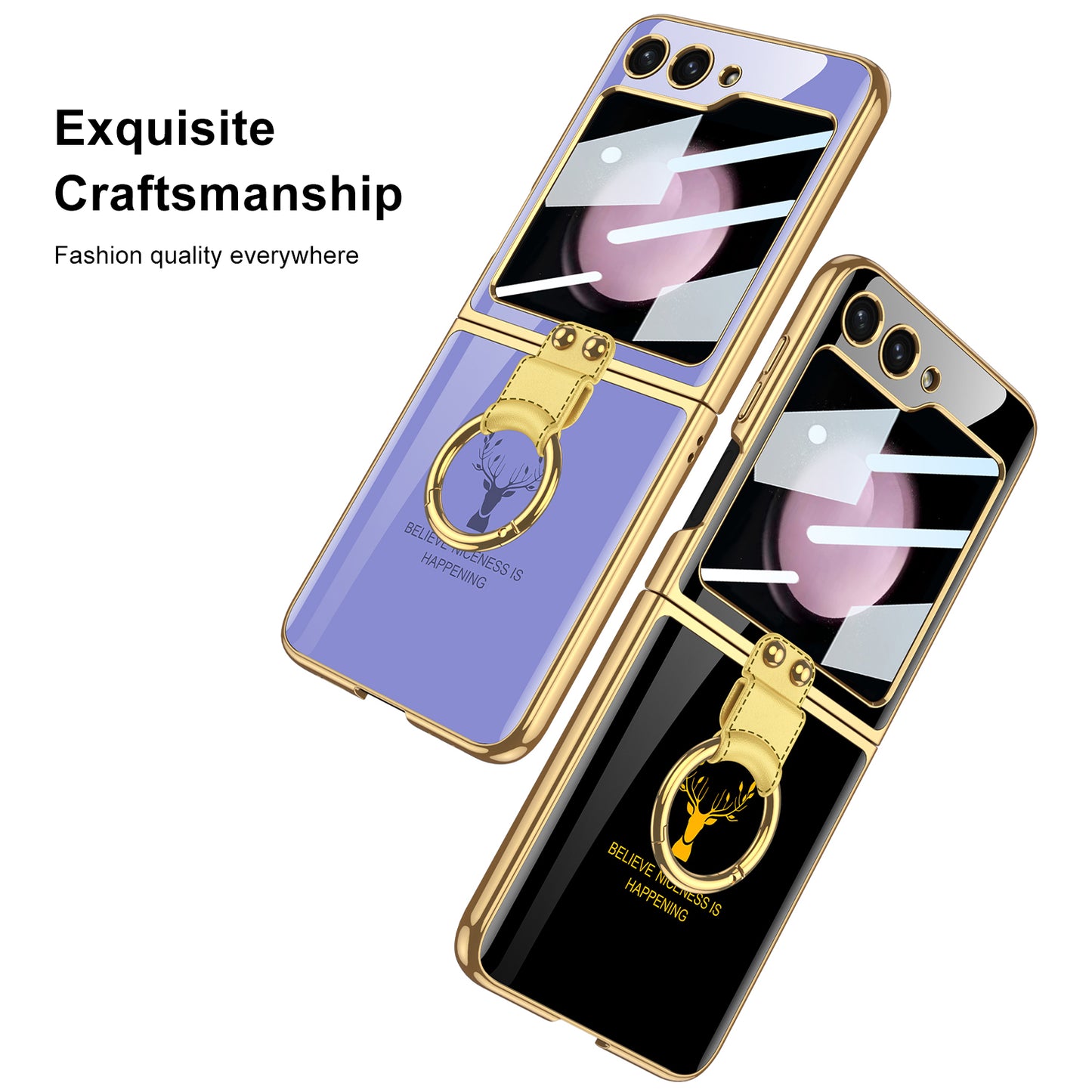 Electroplating Ring Holder Drop-proof Phone Case With Back Screen Protector For Samsung Galaxy Z Flip5 Flip4 Flip3 - Mycasety Mycasety