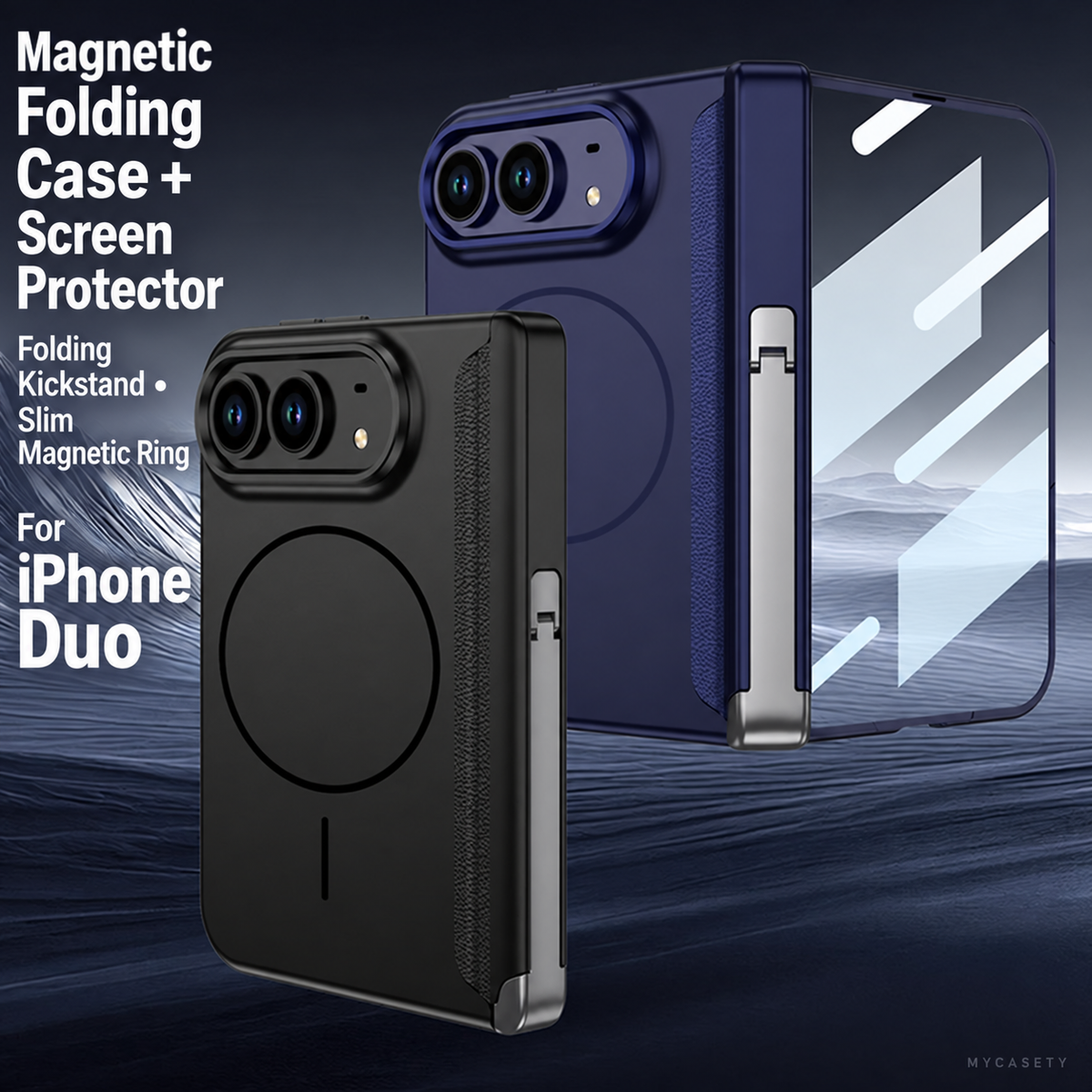 iPhone Duo - Magnetic Hinge Protection Business Cover Built-in Tempered Glass Film & Tri‑Fold Kickstand & Magnetic Ring