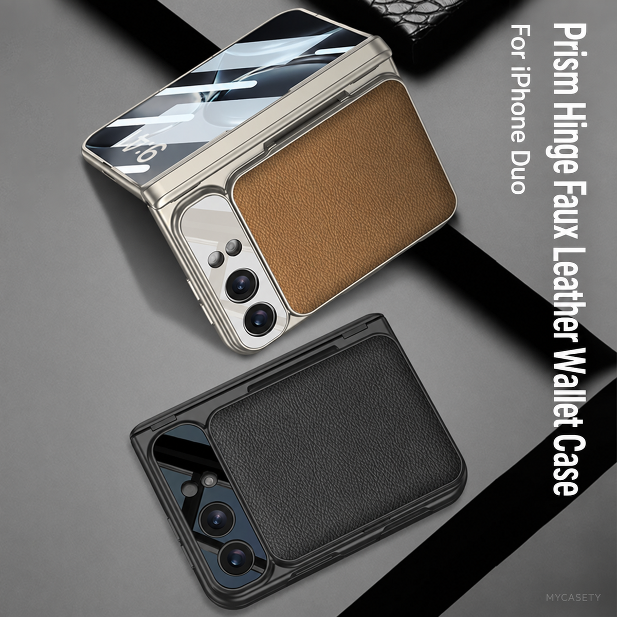 iPhone Duo - Magnetic Hinge Protection Cover Built-in Tempered Glass Film & Leather Card Holder