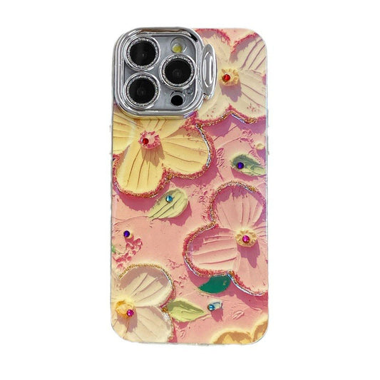 Bling Oil Painting Flower iPhone Case With Lens Protector & Holder