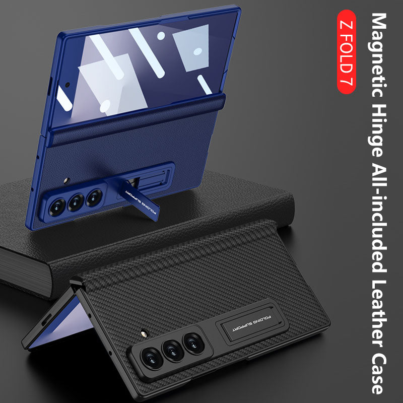 Magnetic Hinge Hidden Bracket All-included Leather Case With Back Screen Protector For Galaxy Z Fold 7