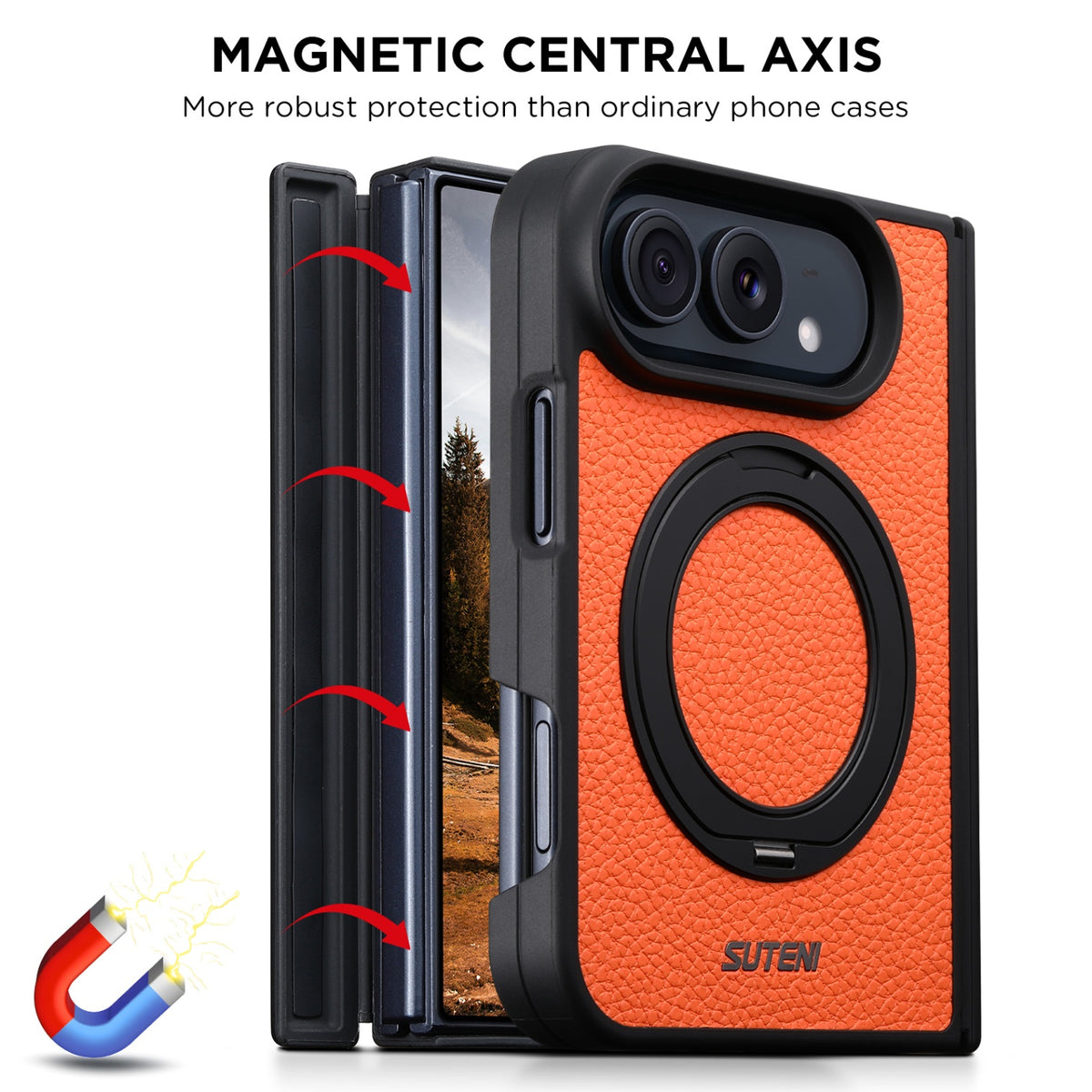 iPhone Duo | Pebbled Magnetic Leather Case with Hinge Protection & 360° Ring Stand