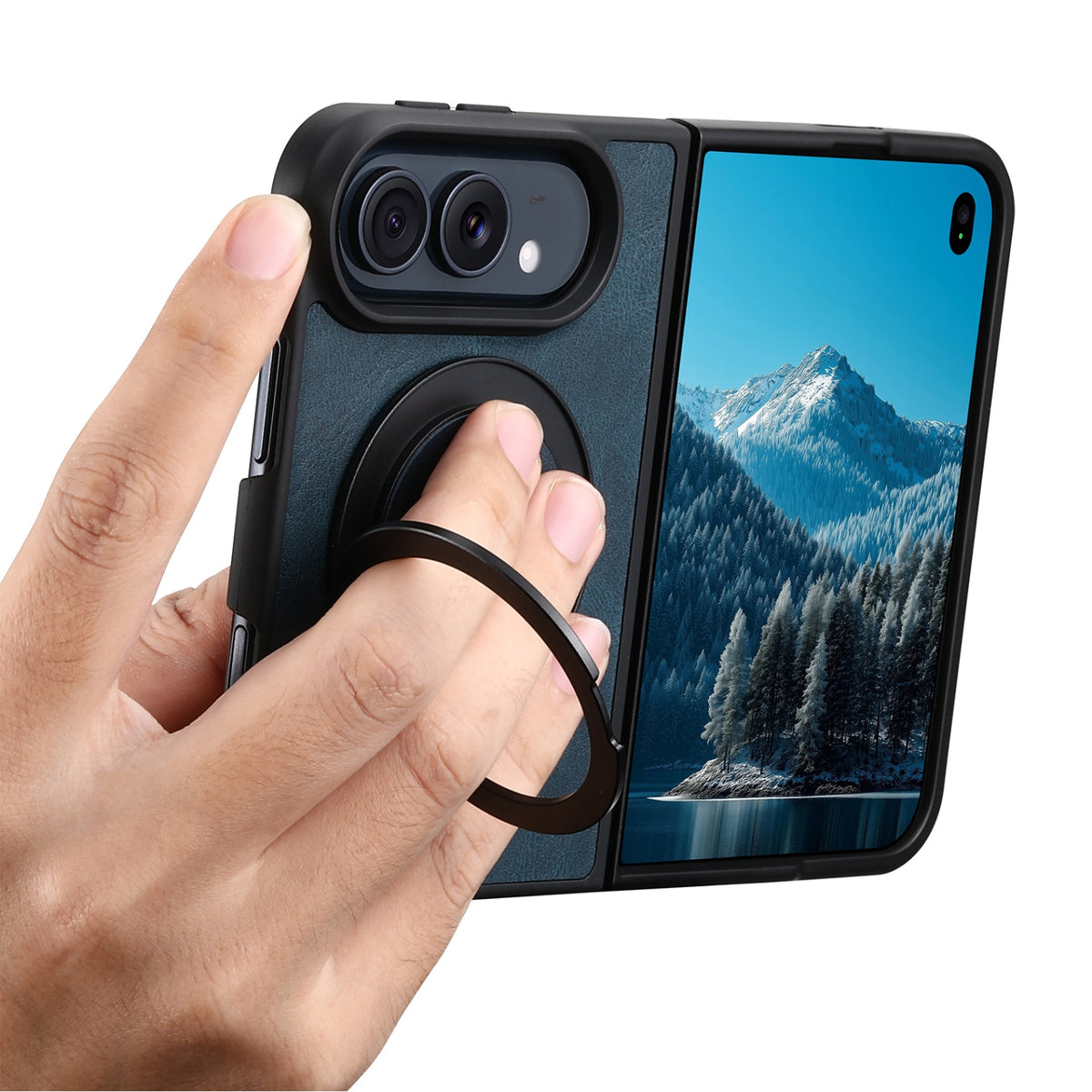 iPhone Duo | Fine-Textured Magnetic Leather Case with Folding Ring Stand
