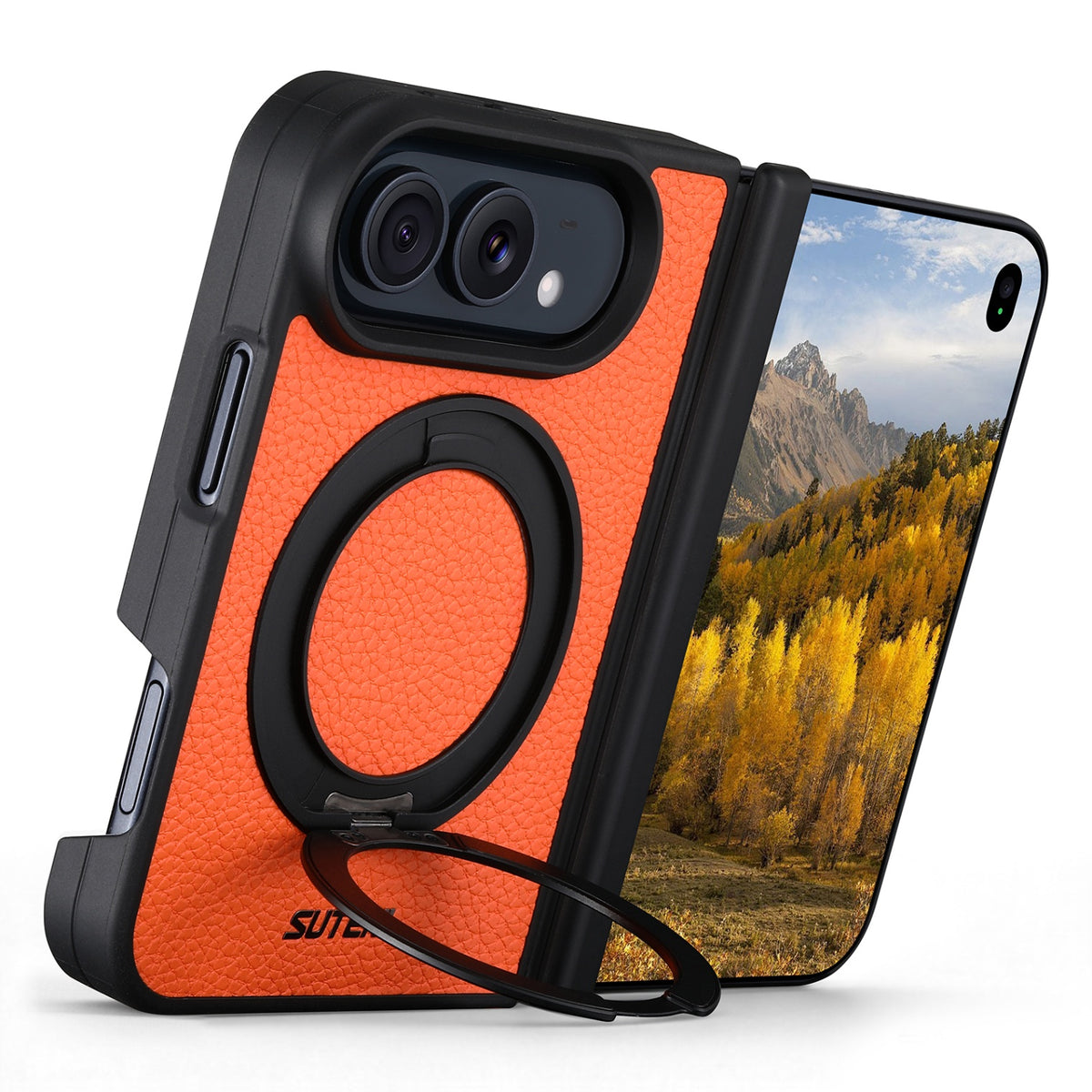 iPhone Duo | Pebbled Magnetic Leather Case with Hinge Protection & 360° Ring Stand