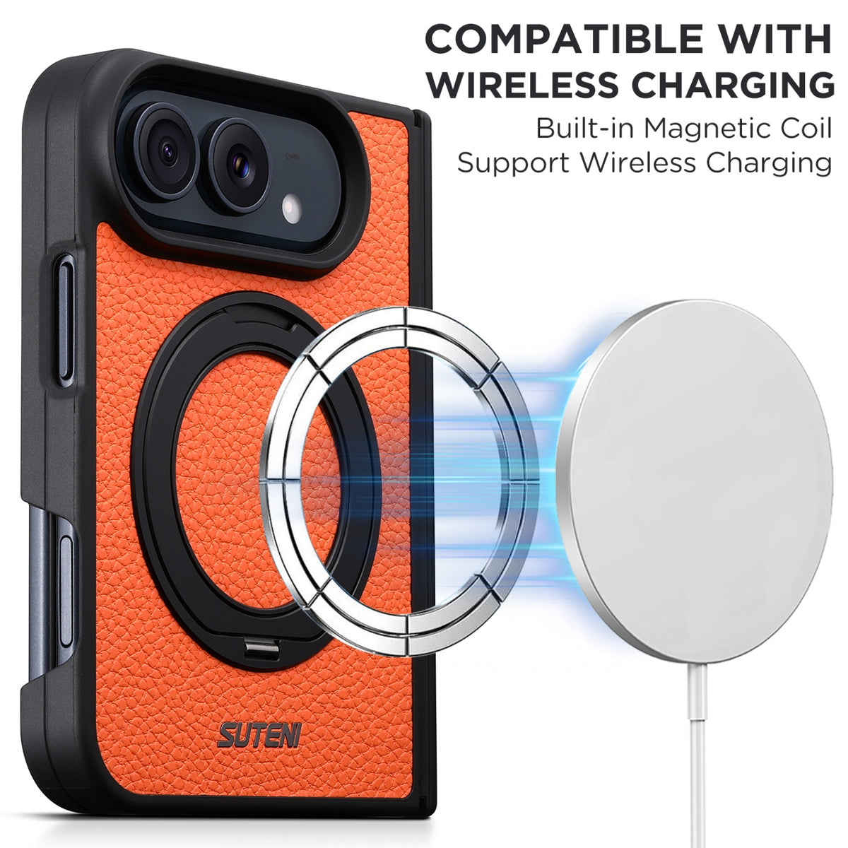 iPhone Duo | Pebbled Magnetic Leather Case with Hinge Protection & 360° Ring Stand
