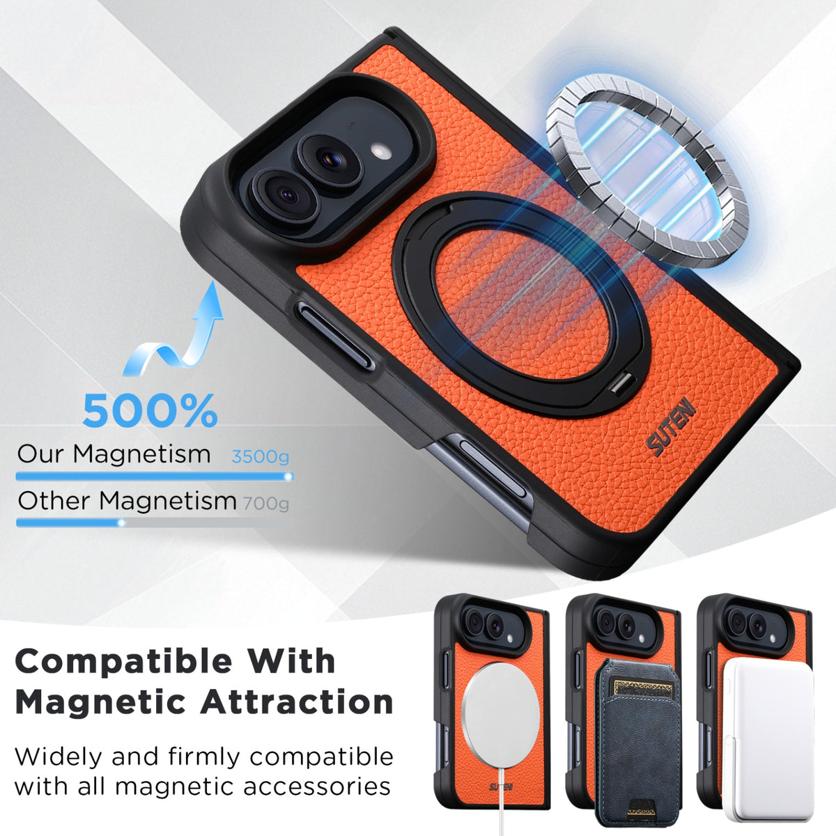 iPhone Duo | Pebbled Magnetic Leather Case with Hinge Protection & 360° Ring Stand