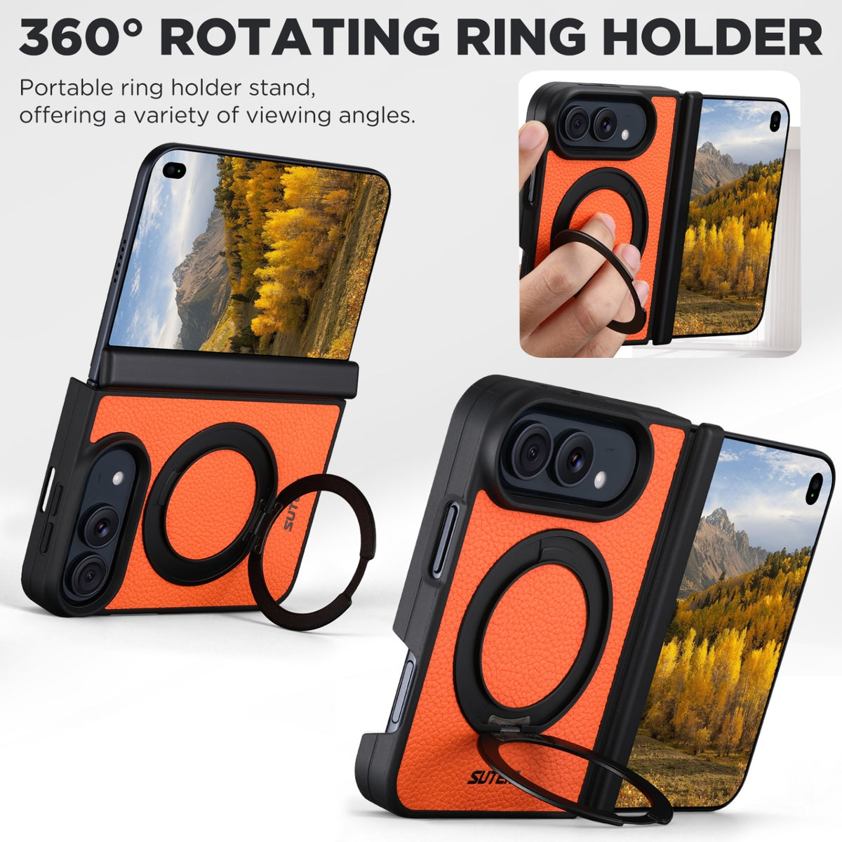 iPhone Duo | Pebbled Magnetic Leather Case with Hinge Protection & 360° Ring Stand