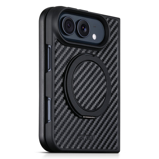 iPhone Duo | Carbon-Pattern Magnetic Leather Case with 360° Ring Stand