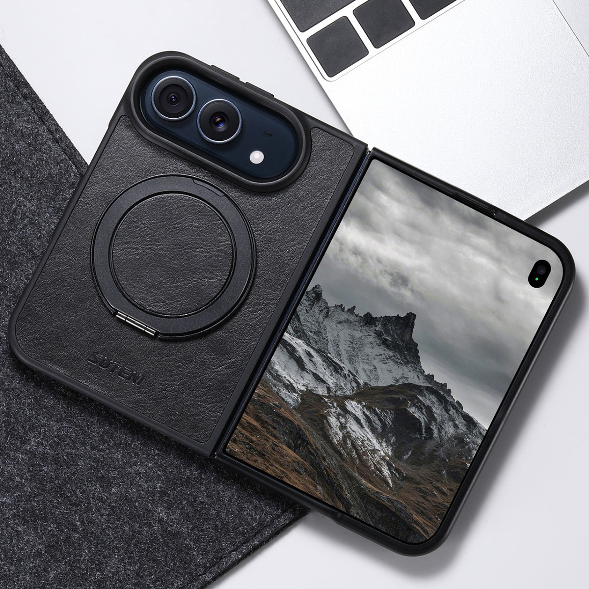 iPhone Duo | Fine-Textured Magnetic Leather Case with Folding Ring Stand