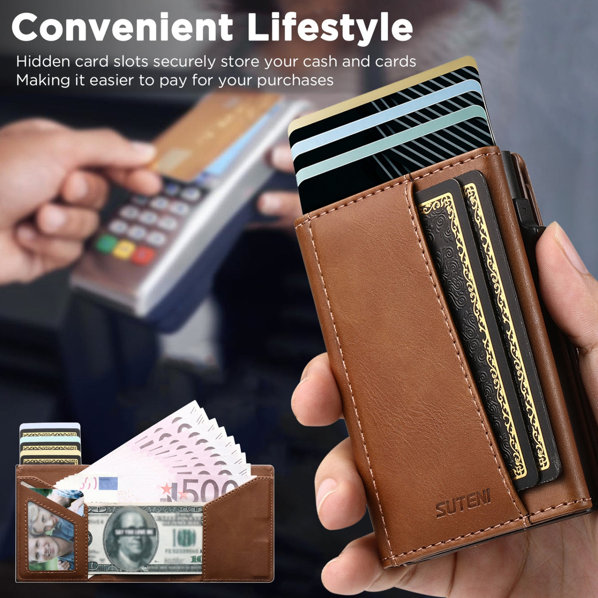 Faux Leather Pop-Up Card Wallet with RFID Blocking & Cash Pocket & Push-Button Pop-Up