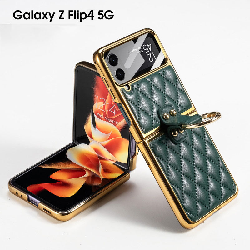 Luxurious Diamond Leather Electroplating Protective Phone Case With Front Protection Film For Samsung Galaxy Z Flip5 Flip4 Flip3 - Mycasety Mycasety