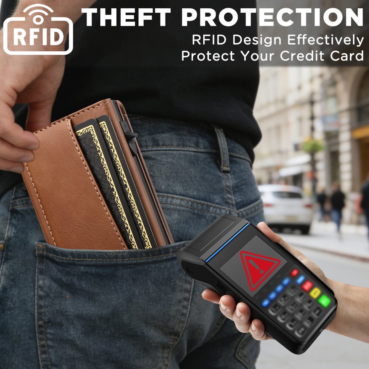 Faux Leather Pop-Up Card Wallet with RFID Blocking & Cash Pocket & Push-Button Pop-Up
