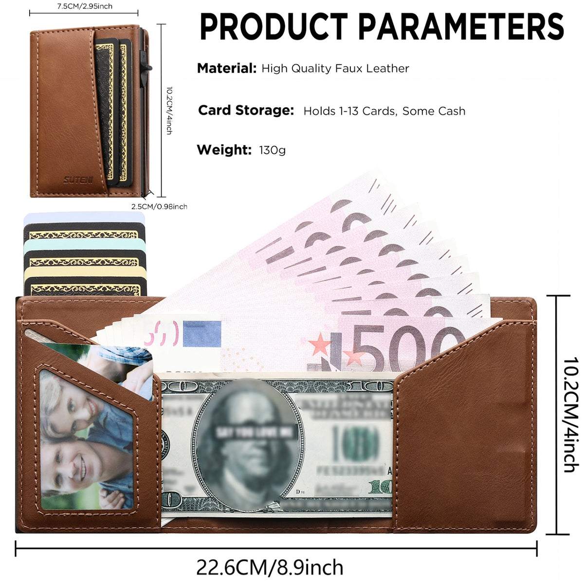 Faux Leather Pop-Up Card Wallet with RFID Blocking & Cash Pocket & Push-Button Pop-Up