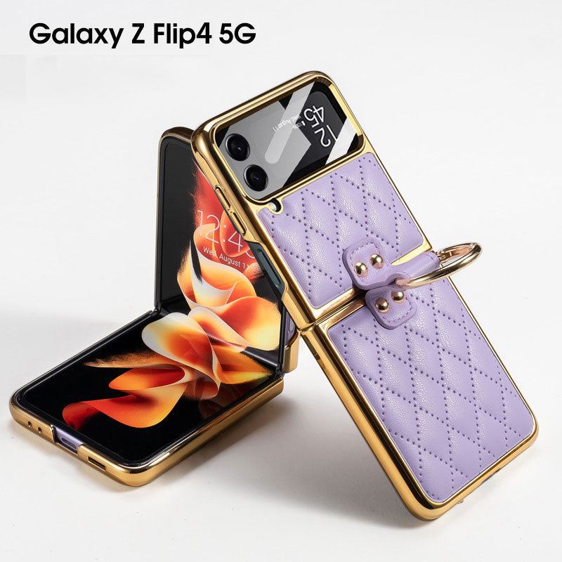 Luxurious Diamond Leather Electroplating Protective Phone Case With Front Protection Film For Samsung Galaxy Z Flip5 Flip4 Flip3 - Mycasety Mycasety