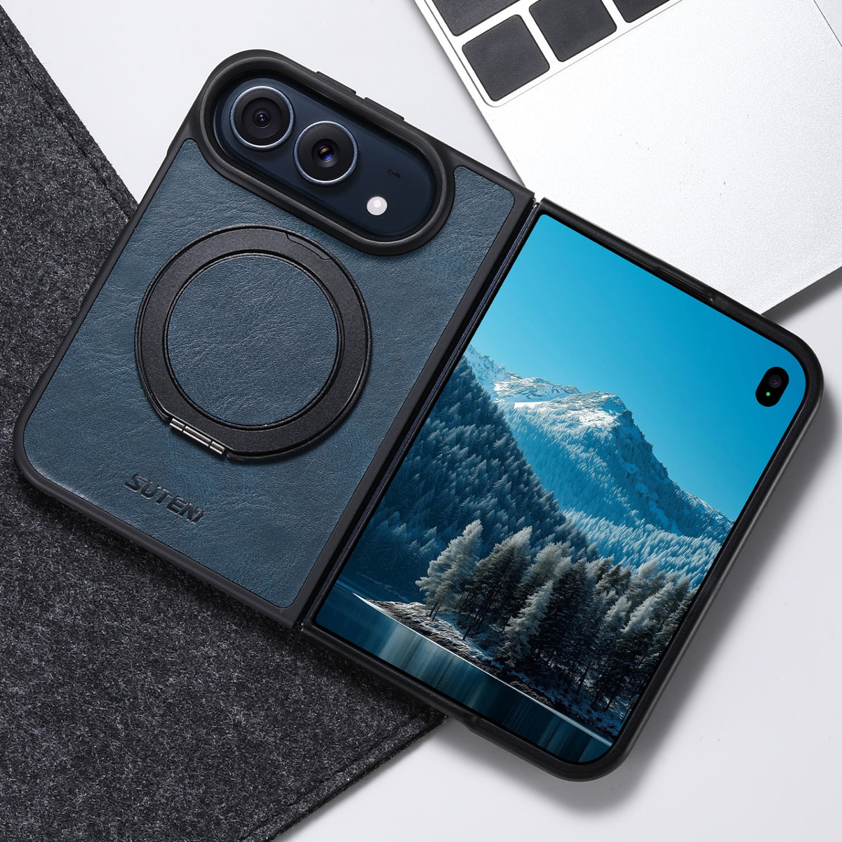iPhone Duo | Fine-Textured Magnetic Leather Case with Folding Ring Stand