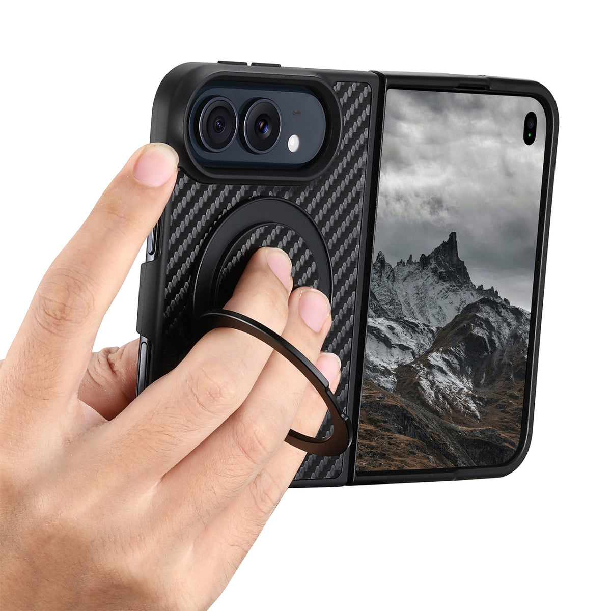 iPhone Duo | Carbon-Pattern Magnetic Leather Case with 360° Ring Stand