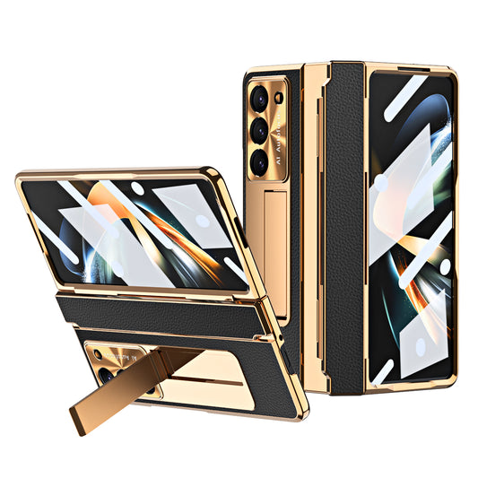 Luxury Leather Magnetic Bracket Shell Electroplated Phone Case For Samsung Galaxy Z Fold3/4/5 With Back Screen Glass - Mycasety Mycasety