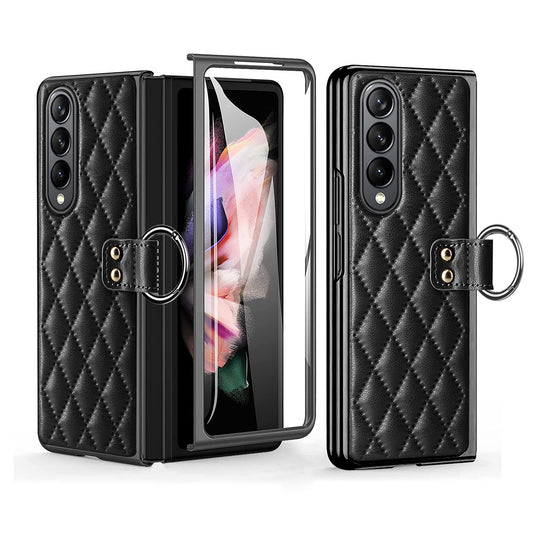 Luxurious Leather Ring Holder Protective Phone Case With Front Protection Film For Samsung Galaxy Z Fold5 Fold4 Fold3 - Mycasety Mycasety