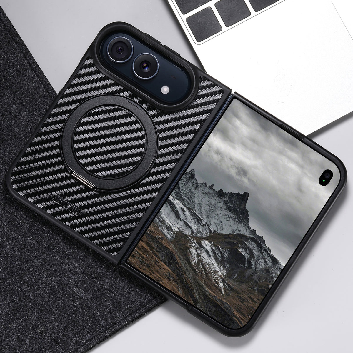 iPhone Duo | Carbon-Pattern Magnetic Leather Case with 360° Ring Stand