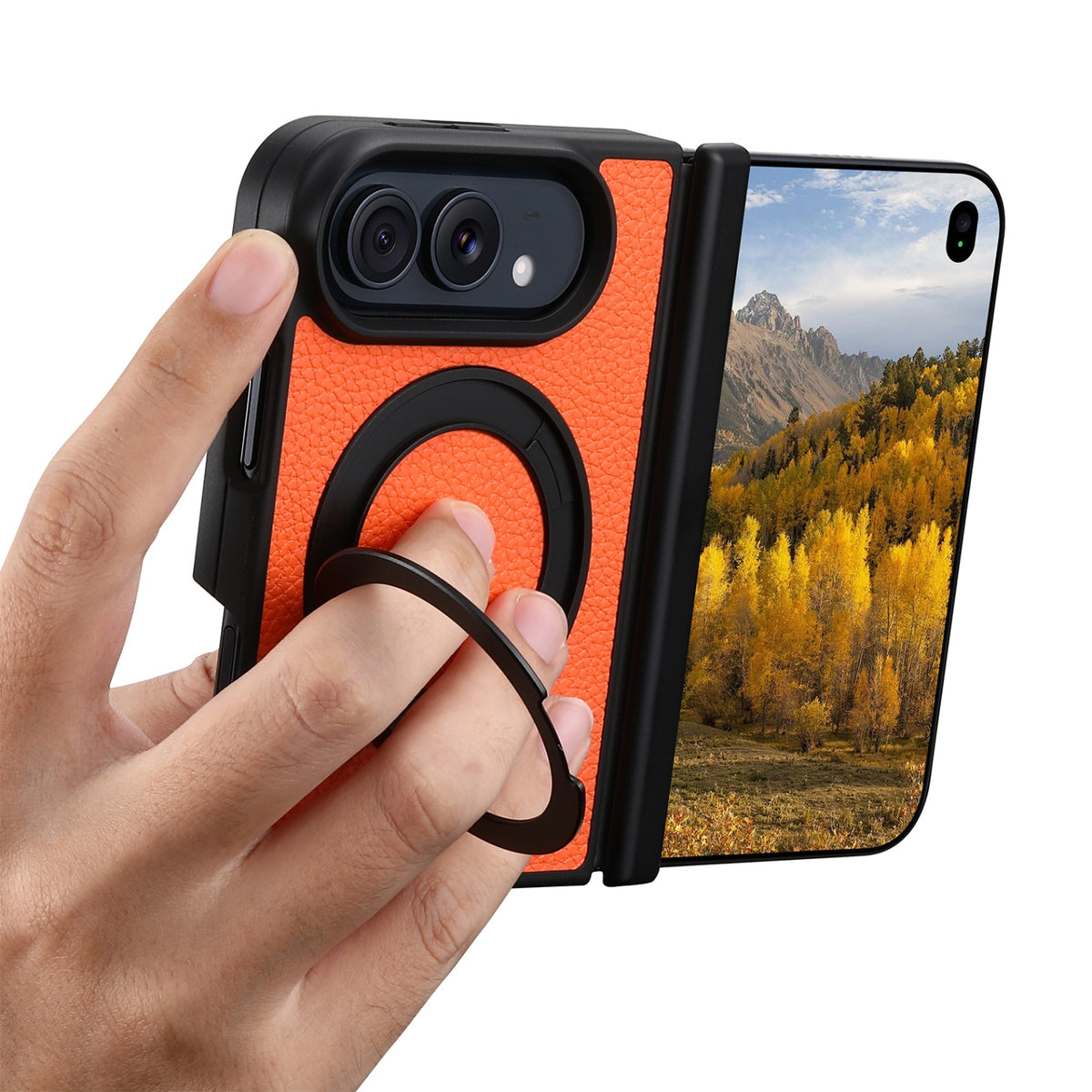 iPhone Duo | Pebbled Magnetic Leather Case with Hinge Protection & 360° Ring Stand