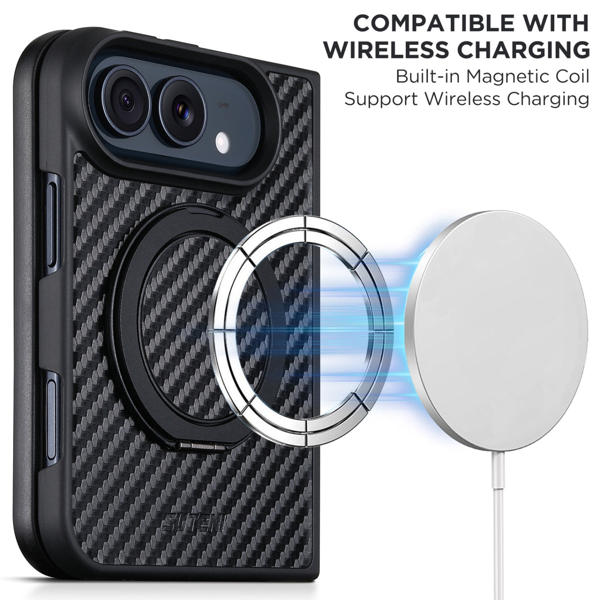 iPhone Duo | Carbon-Pattern Magnetic Leather Case with 360° Ring Stand